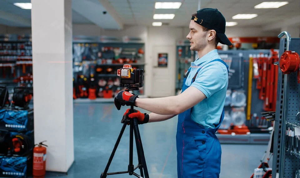 A worker setting up a laser level in a store.