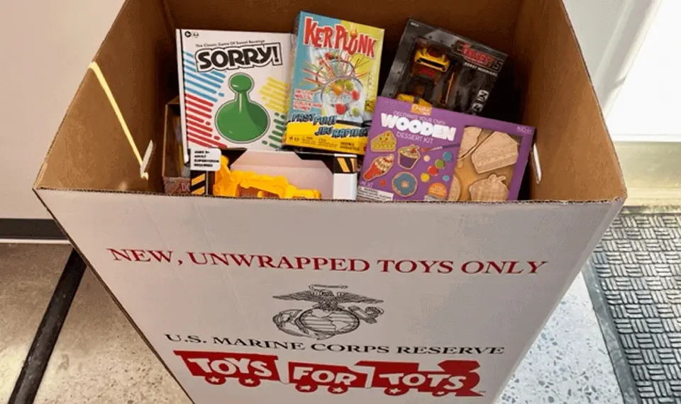 A photo of a box of toys from the 2022 Toys for Tots Toy Drive.